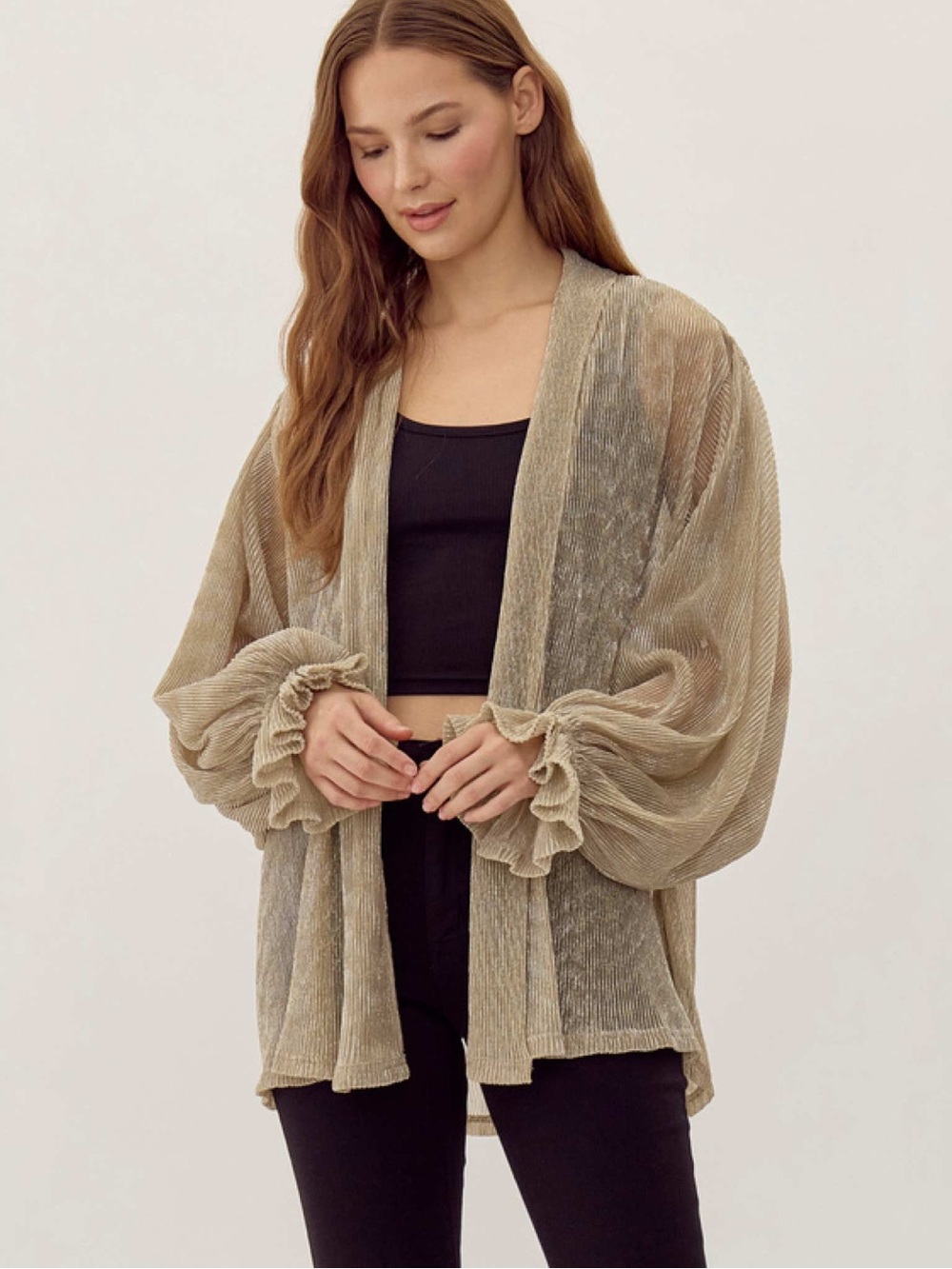 JODIFL Sheer Taupe Ruffle-Cuff Open Cardigan